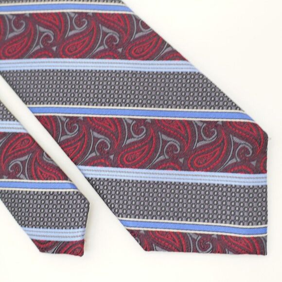 Pronto Uomo Red Gray Blue‎ Striped Paisley Striped Geometric Woven Long Silk Tie - Picture 1 of 7